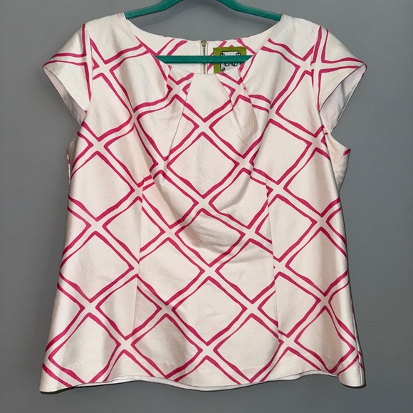 EUC Elizabeth McKay Silk Blend Geometric Flare Cap Sleeve Blouse Top Size 14 - Picture 1 of 6